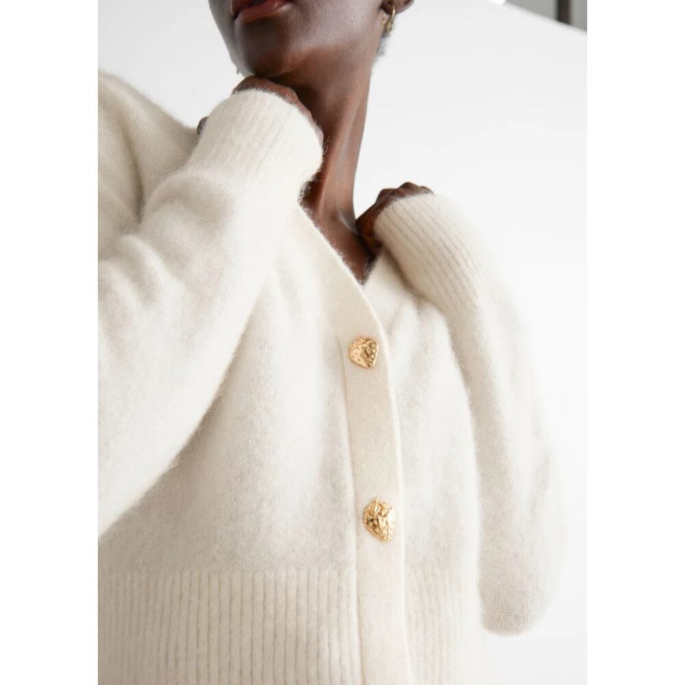 NEW & Other Stories White Wool Mohair Blend Gold Strawberry Buttons Cardigan M
